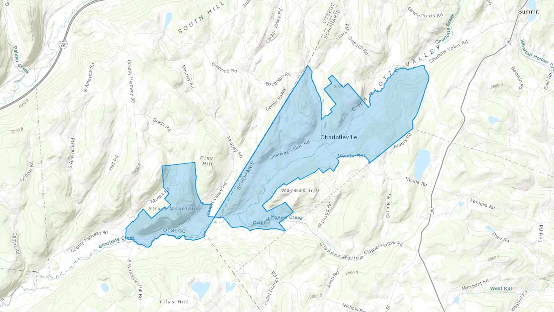 Charlotteville, NY Cash heating Oil delivery map Map of the COD Fuel Oil delivery service area for Charlotteville, NY