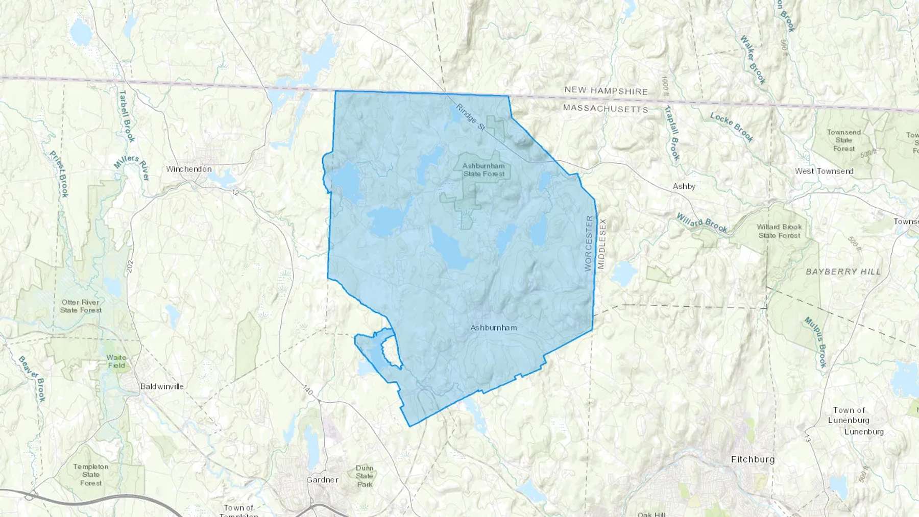 Ashburnham, MA Cash heating Oil delivery map Map of the COD Fuel Oil delivery service area for Ashburnham, MA
