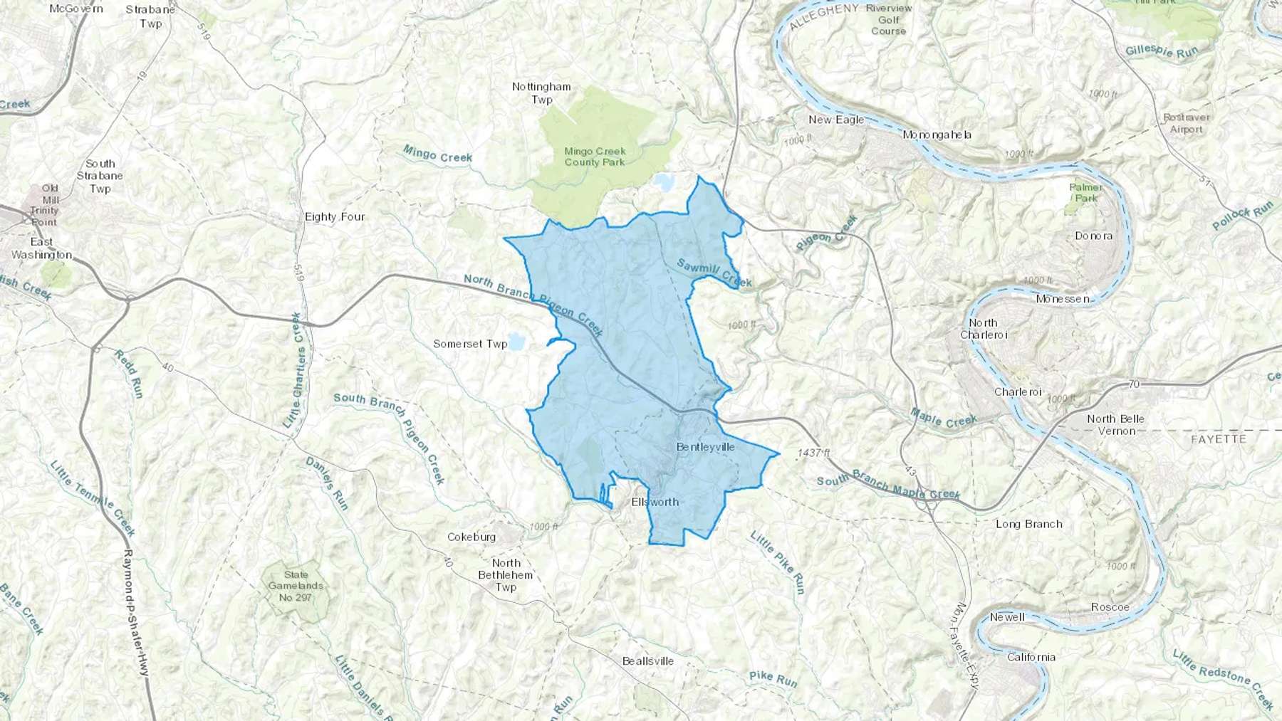Bentleyville, PA Cash heating Oil delivery map Map of the COD Fuel Oil delivery service area for Bentleyville, PA