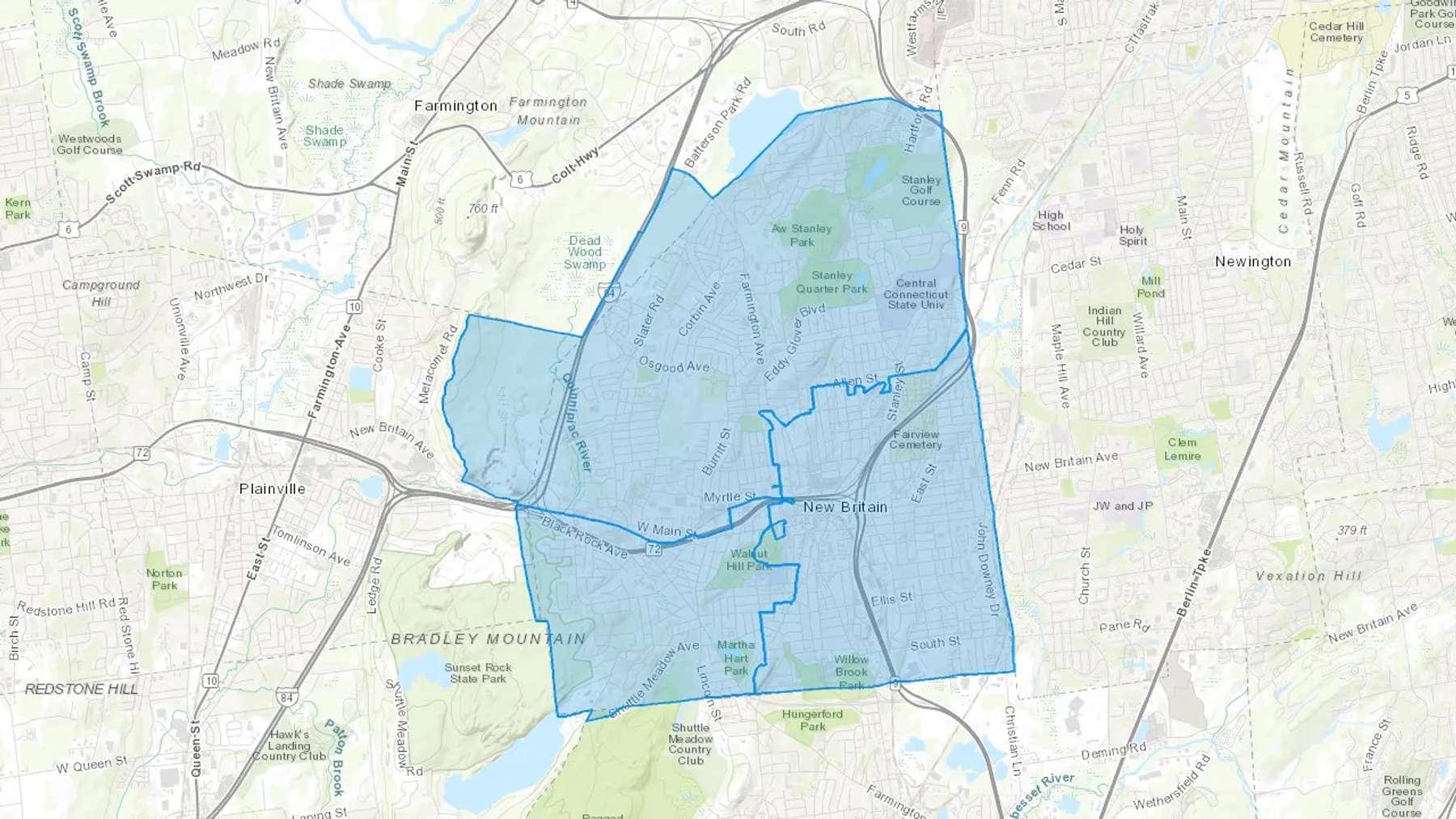 New Britain, CT Cash heating Oil delivery map Map of the COD Fuel Oil delivery service area for New Britain, CT