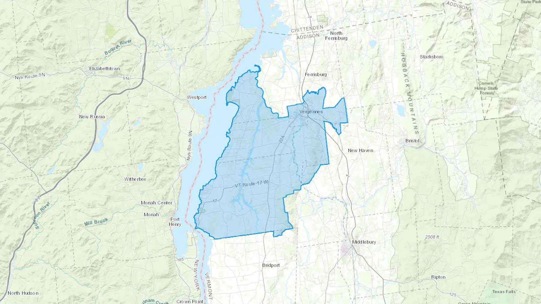 Vergennes, VT Cash heating Oil delivery map Map of the COD Fuel Oil delivery service area for Vergennes, VT