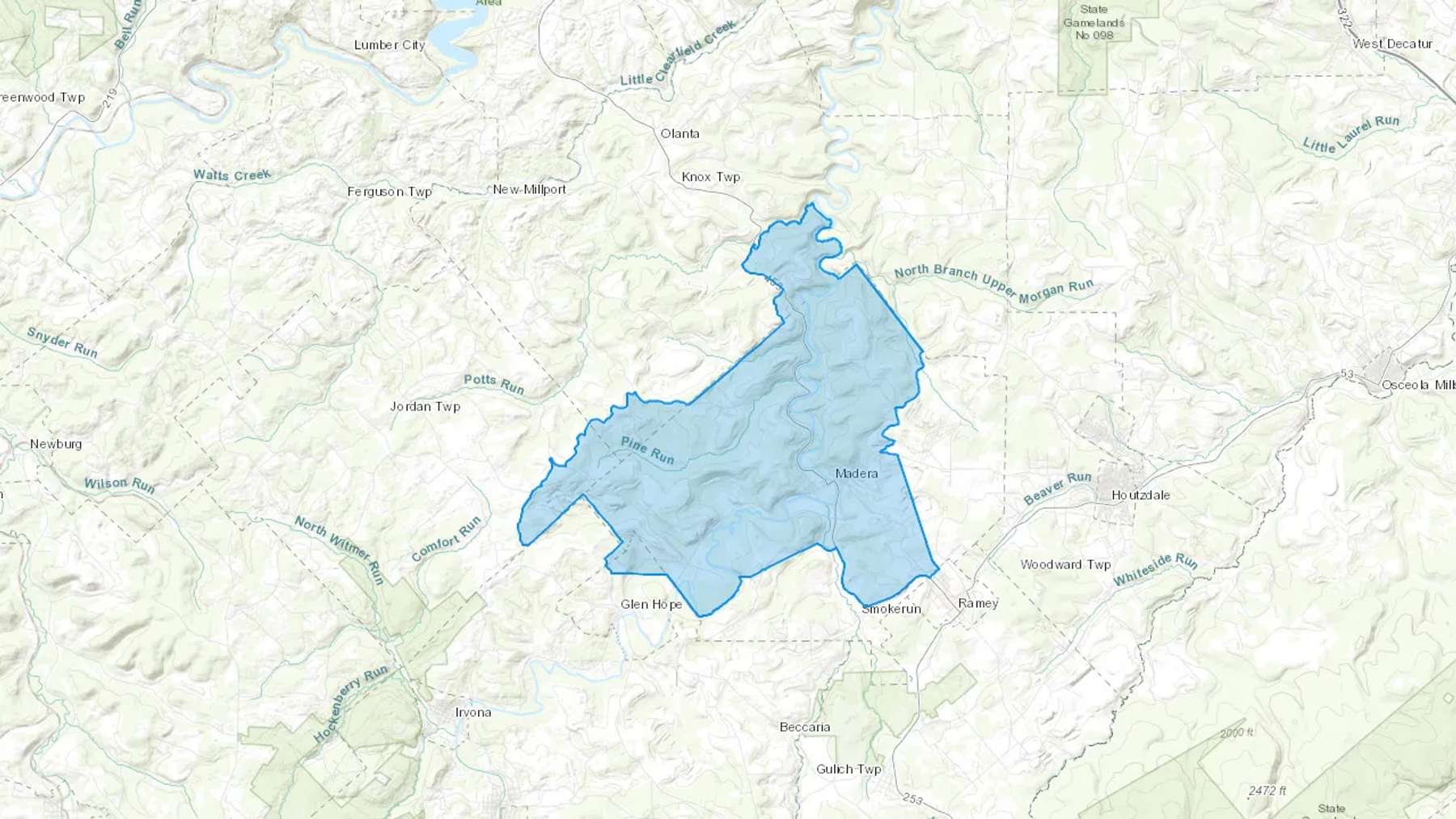 Madera, PA Cash heating Oil delivery map Map of the COD Fuel Oil delivery service area for Madera, PA