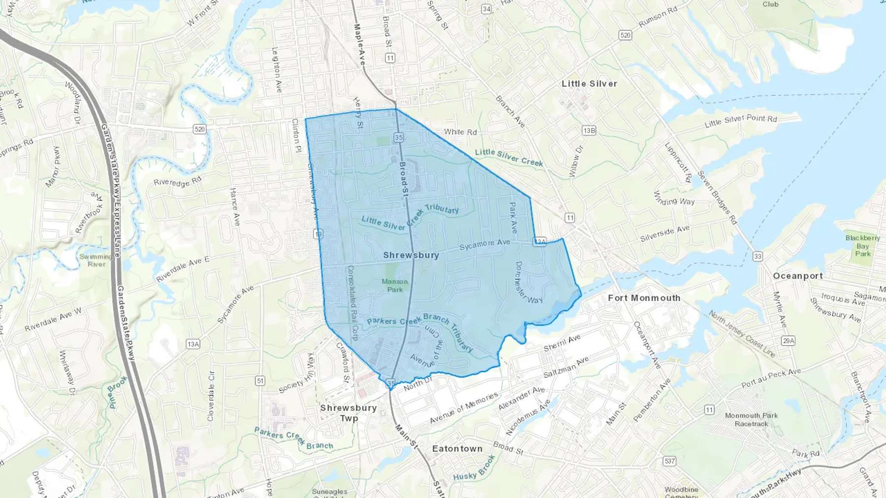 Shrewsbury, NJ Cash heating Oil delivery map Map of the COD Fuel Oil delivery service area for Shrewsbury, NJ