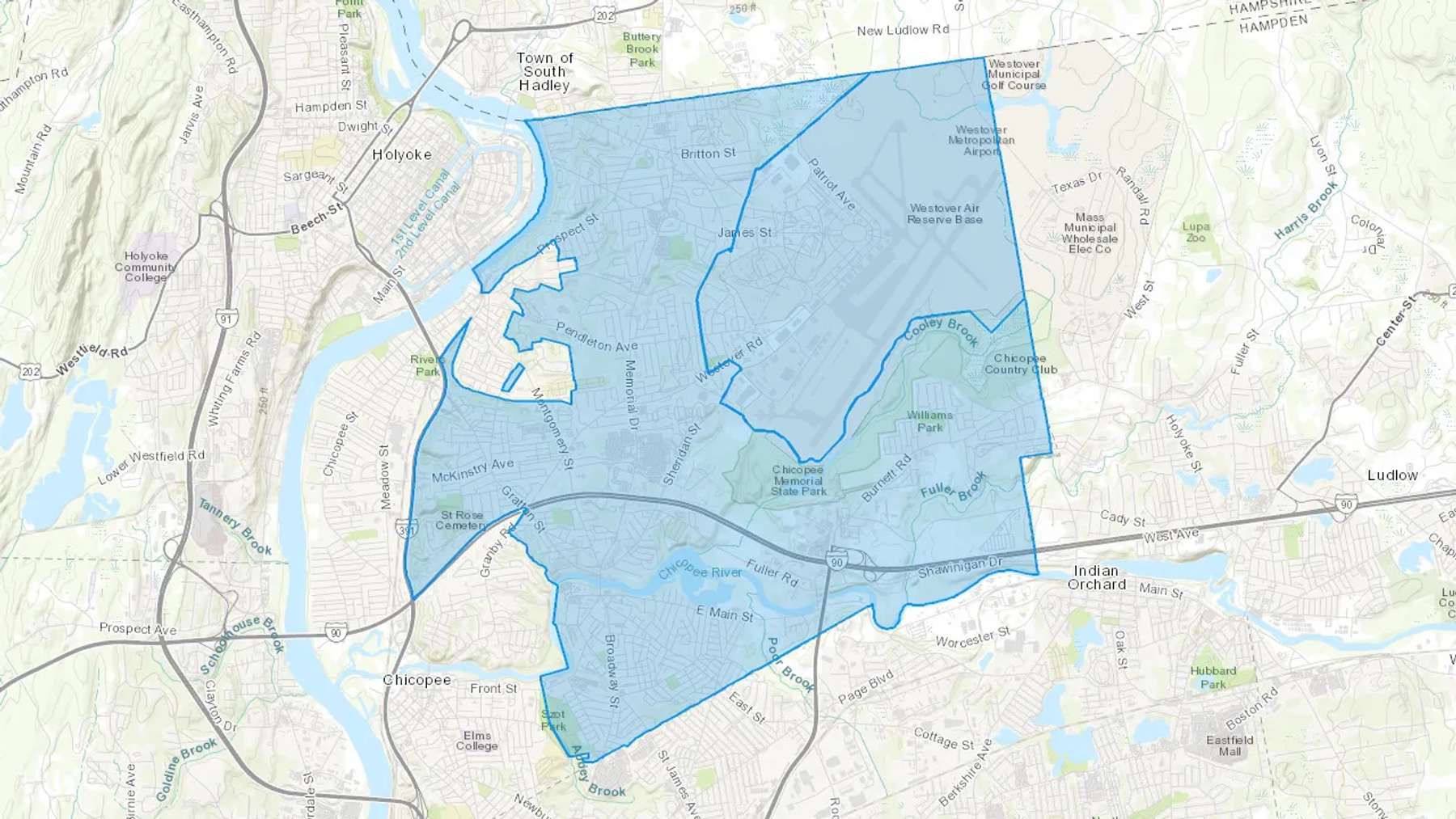 Chicopee, MA Cash heating Oil delivery map Map of the COD Fuel Oil delivery service area for Chicopee, MA