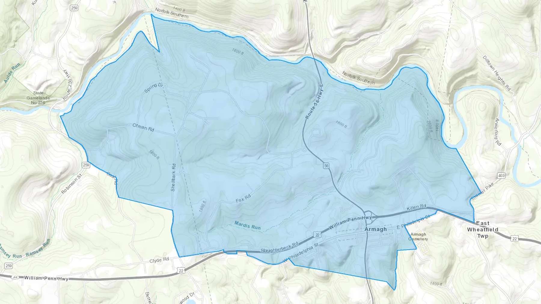 Armagh, PA Cash heating Oil delivery map Map of the COD Fuel Oil delivery service area for Armagh, PA