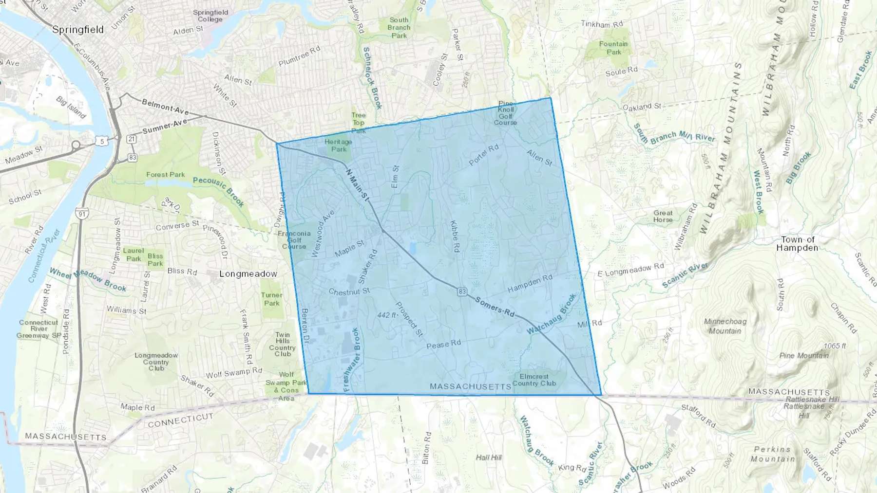East Longmeadow, MA Cash heating Oil delivery map Map of the COD Fuel Oil delivery service area for East Longmeadow, MA