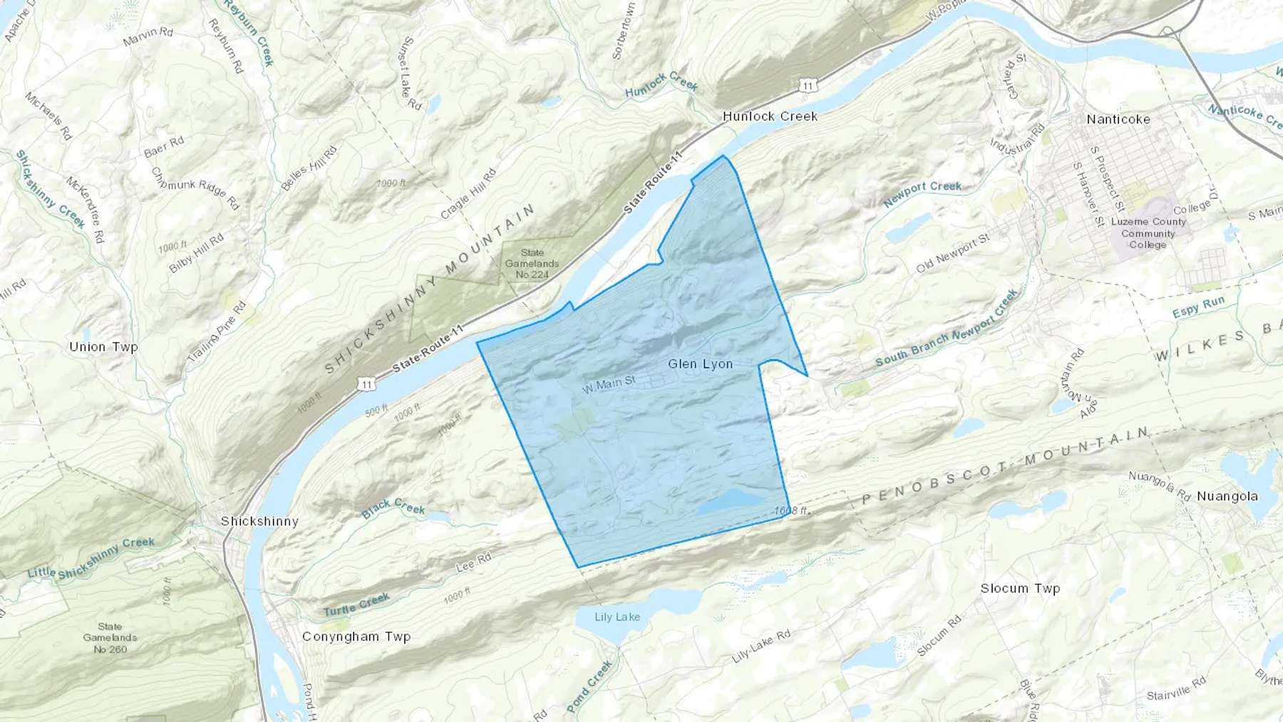 Glen Lyon, PA Cash heating Oil delivery map Map of the COD Fuel Oil delivery service area for Glen Lyon, PA