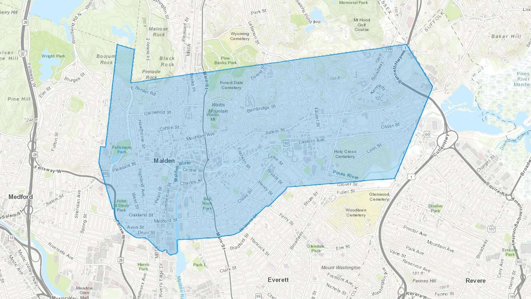 Malden, MA Cash heating Oil delivery map Map of the COD Fuel Oil delivery service area for Malden, MA