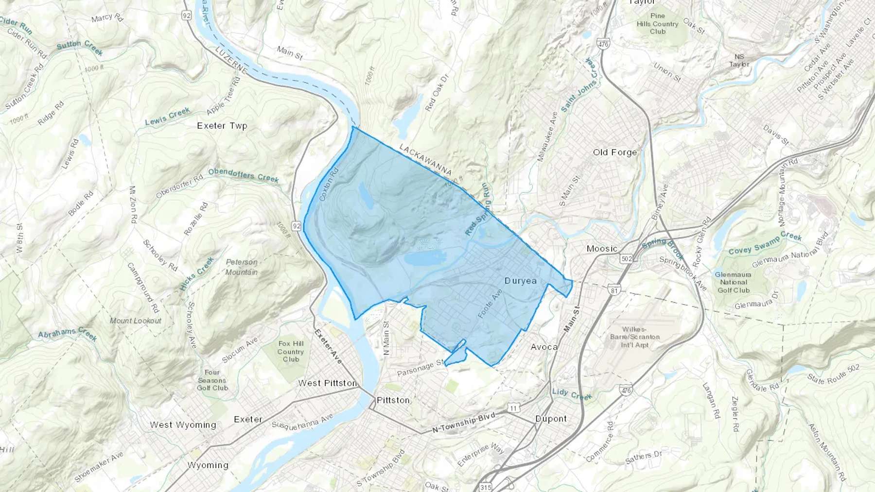 Duryea, PA Cash heating Oil delivery map Map of the COD Fuel Oil delivery service area for Duryea, PA