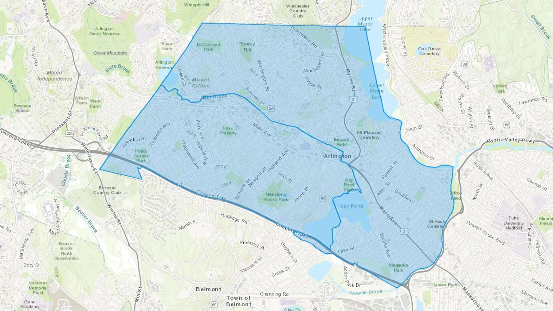Arlington, MA Cash heating Oil delivery map Map of the COD Fuel Oil delivery service area for Arlington, MA