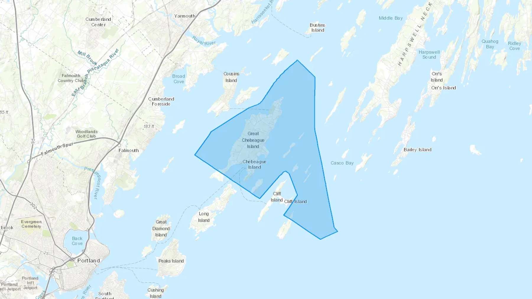Chebeague Island, ME Cash heating Oil delivery map Map of the COD Fuel Oil delivery service area for Chebeague Island, ME