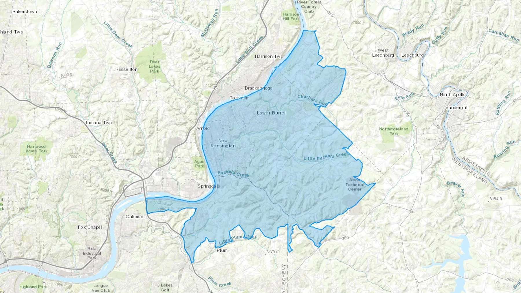 New Kensington, PA Cash heating Oil delivery map Map of the COD Fuel Oil delivery service area for New Kensington, PA