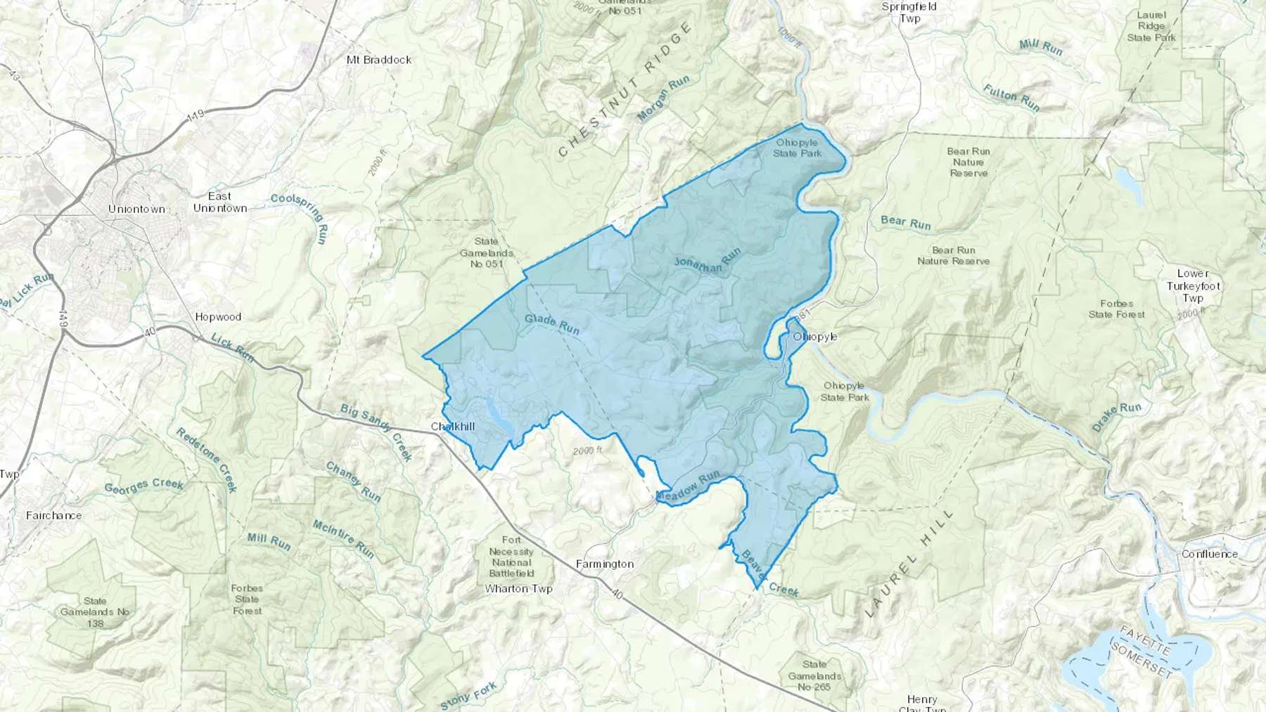 Ohiopyle, PA Cash heating Oil delivery map Map of the COD Fuel Oil delivery service area for Ohiopyle, PA