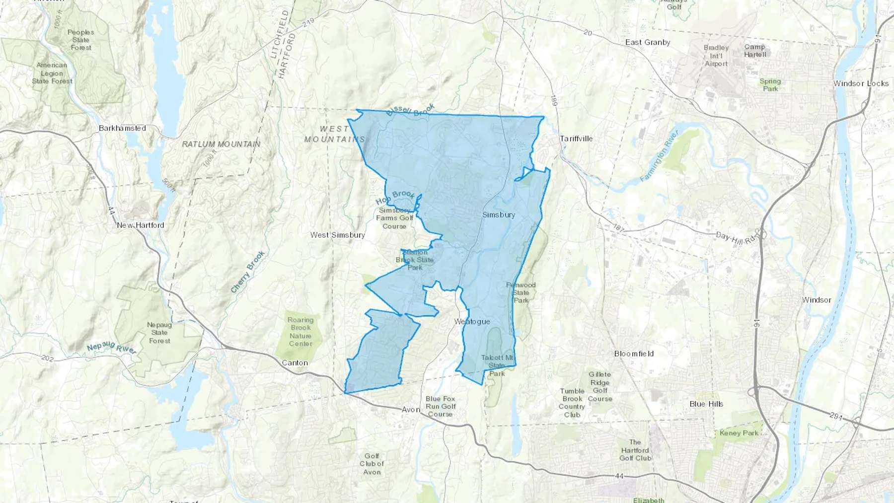 Simsbury, CT Cash heating Oil delivery map Map of the COD Fuel Oil delivery service area for Simsbury, CT