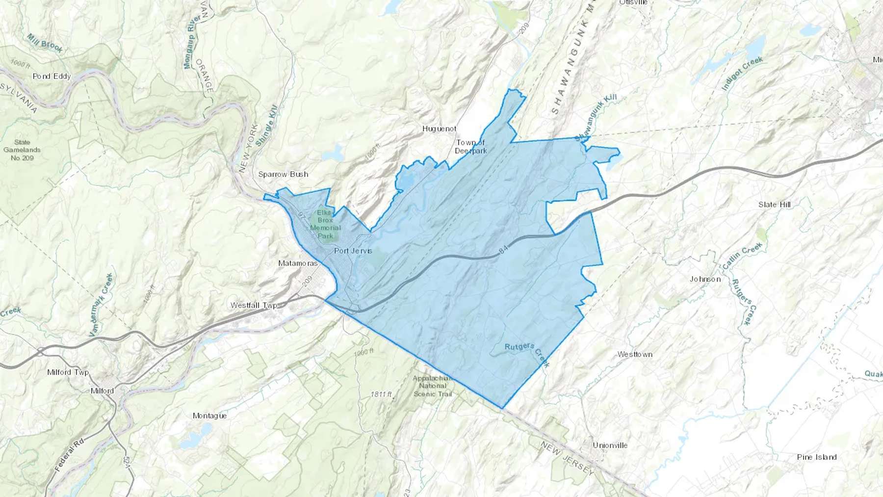 Port Jervis, NY Cash heating Oil delivery map Map of the COD Fuel Oil delivery service area for Port Jervis, NY