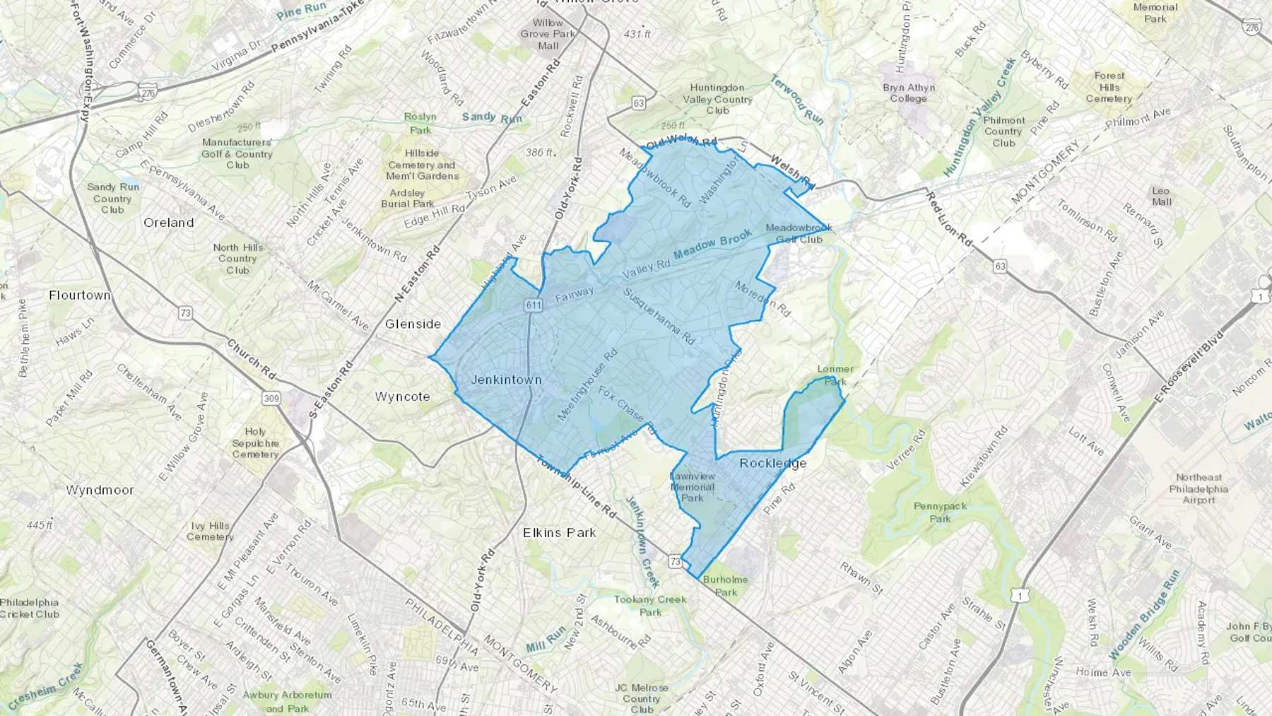 Jenkintown, PA Cash heating Oil delivery map Map of the COD Fuel Oil delivery service area for Jenkintown, PA