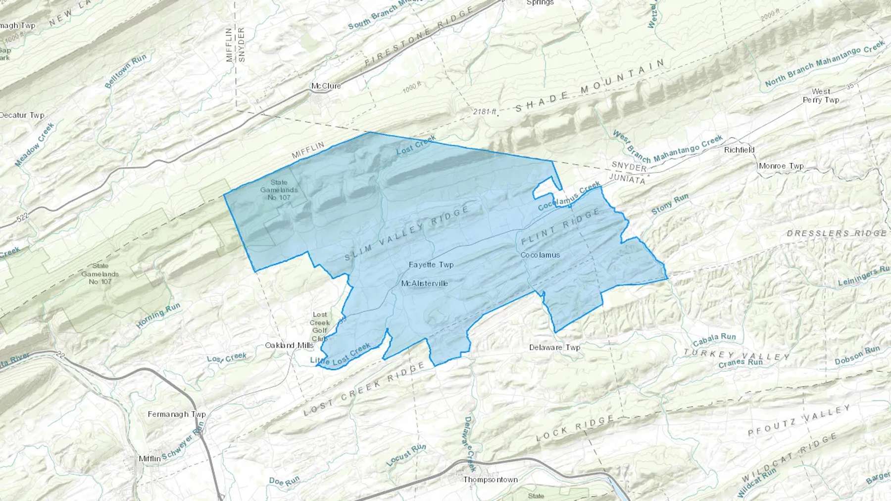 Mcalisterville, PA Cash heating Oil delivery map Map of the COD Fuel Oil delivery service area for Mcalisterville, PA