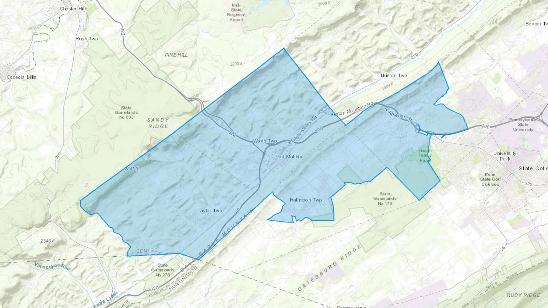 Port Matilda, PA Cash heating Oil delivery map Map of the COD Fuel Oil delivery service area for Port Matilda, PA