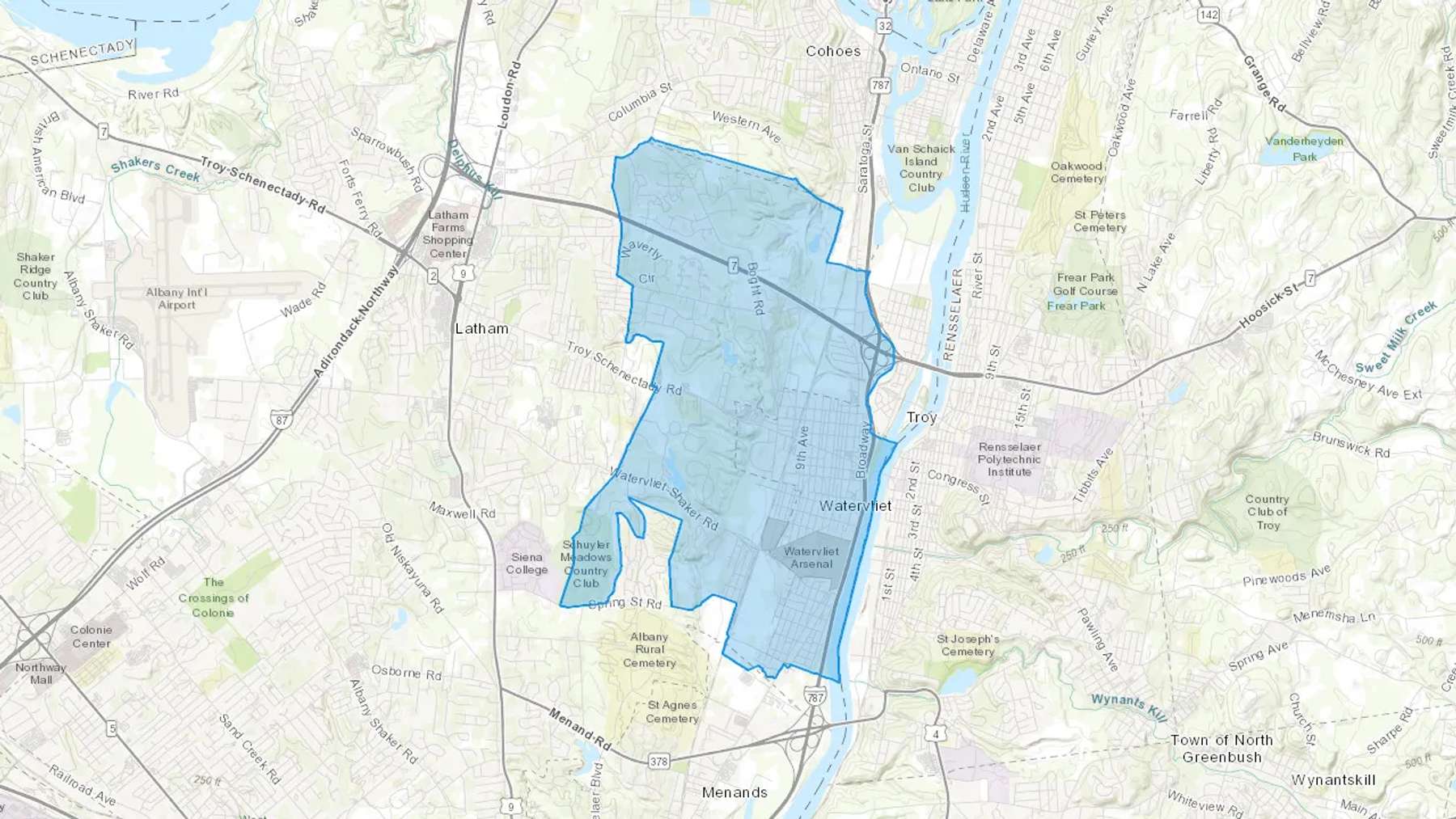 Watervliet, NY Cash heating Oil delivery map Map of the COD Fuel Oil delivery service area for Watervliet, NY