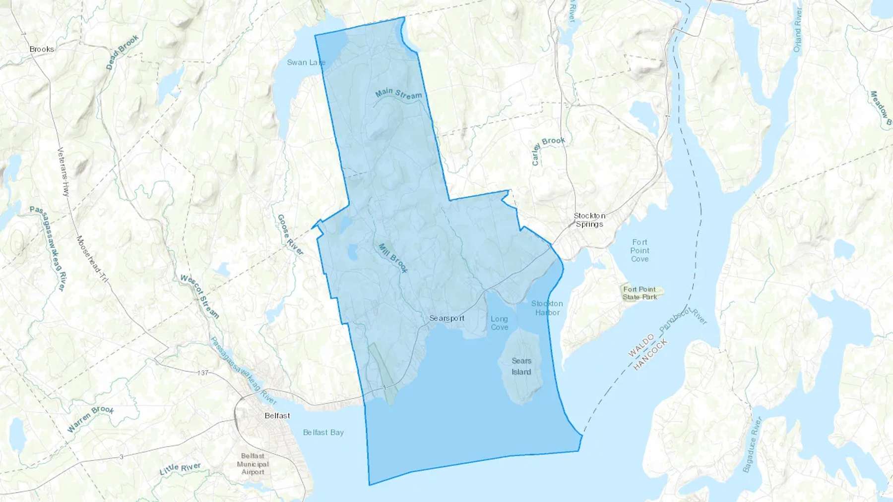 Searsport, ME Cash heating Oil delivery map Map of the COD Fuel Oil delivery service area for Searsport, ME