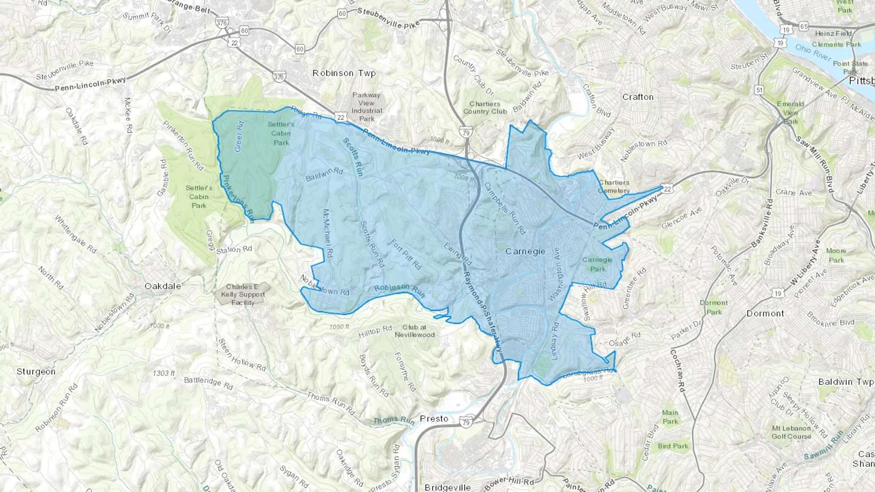 Carnegie, PA Cash heating Oil delivery map Map of the COD Fuel Oil delivery service area for Carnegie, PA