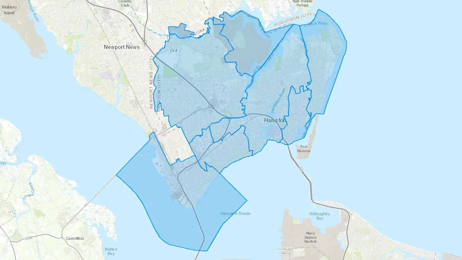Hampton, VA Cash heating Oil delivery map Map of the COD Fuel Oil delivery service area for Hampton, VA