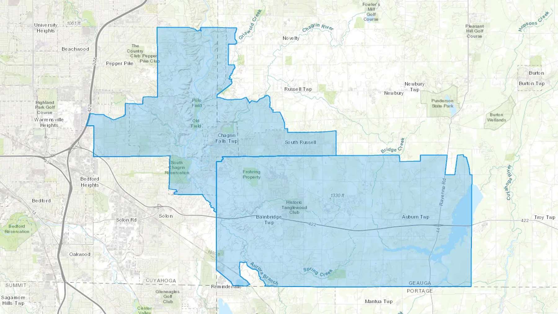 Chagrin Falls, OH Cash heating Oil delivery map Map of the COD Fuel Oil delivery service area for Chagrin Falls, OH