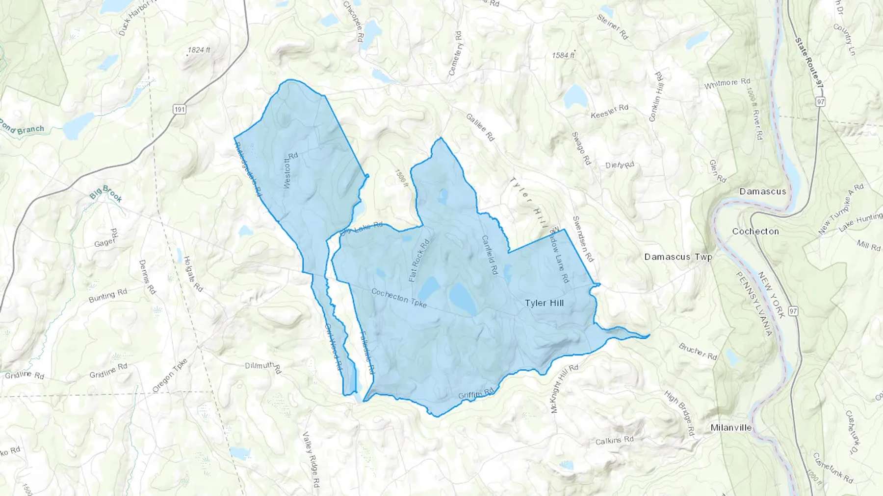 Tyler Hill, PA Cash heating Oil delivery map Map of the COD Fuel Oil delivery service area for Tyler Hill, PA