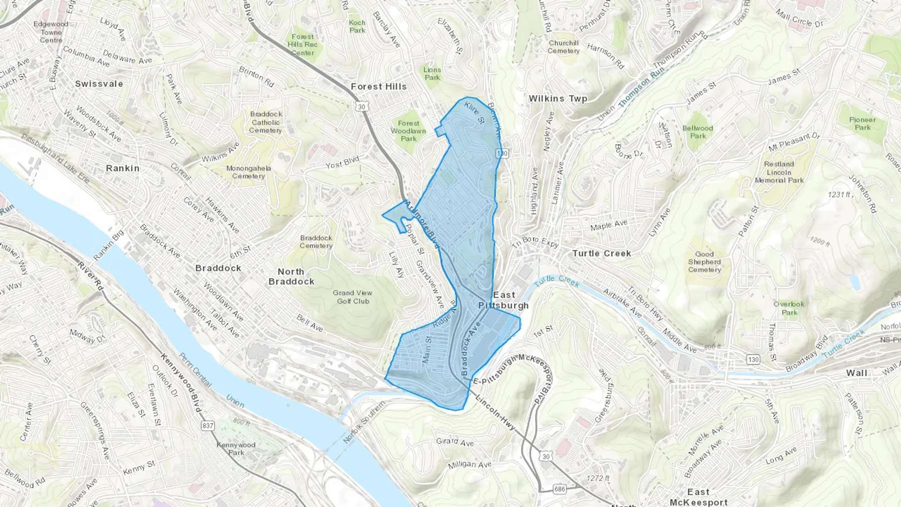 East Pittsburgh, PA Cash heating Oil delivery map Map of the COD Fuel Oil delivery service area for East Pittsburgh, PA