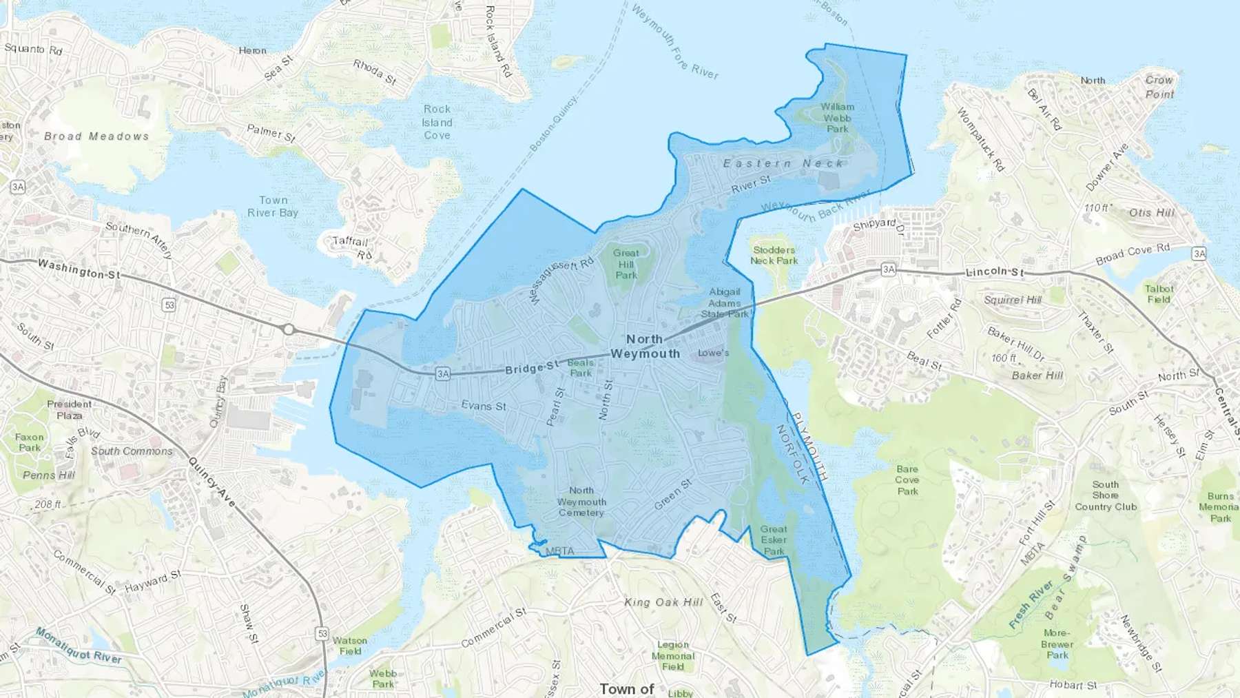 North Weymouth, MA Cash heating Oil delivery map Map of the COD Fuel Oil delivery service area for North Weymouth, MA