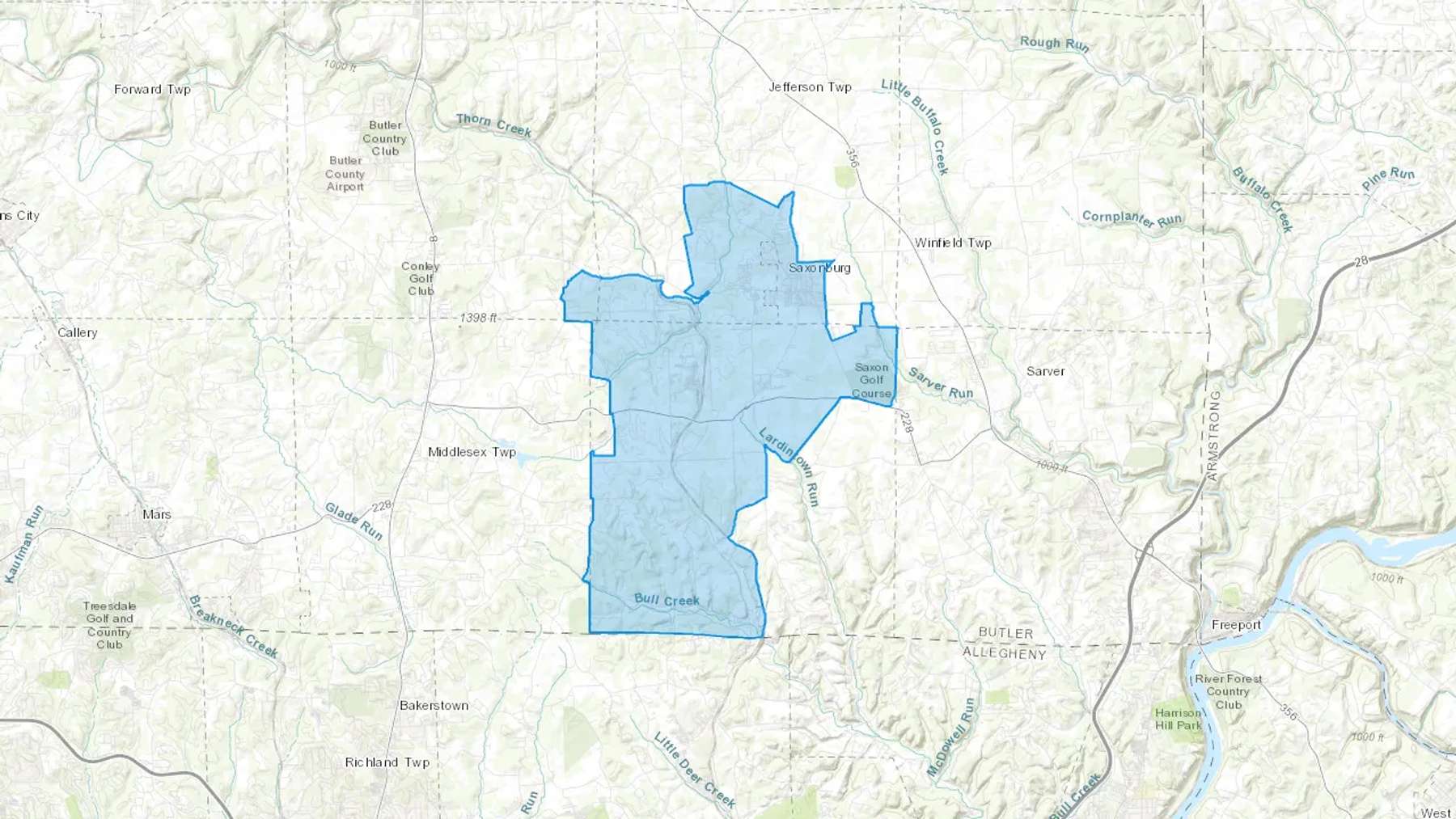 Saxonburg, PA Cash heating Oil delivery map Map of the COD Fuel Oil delivery service area for Saxonburg, PA