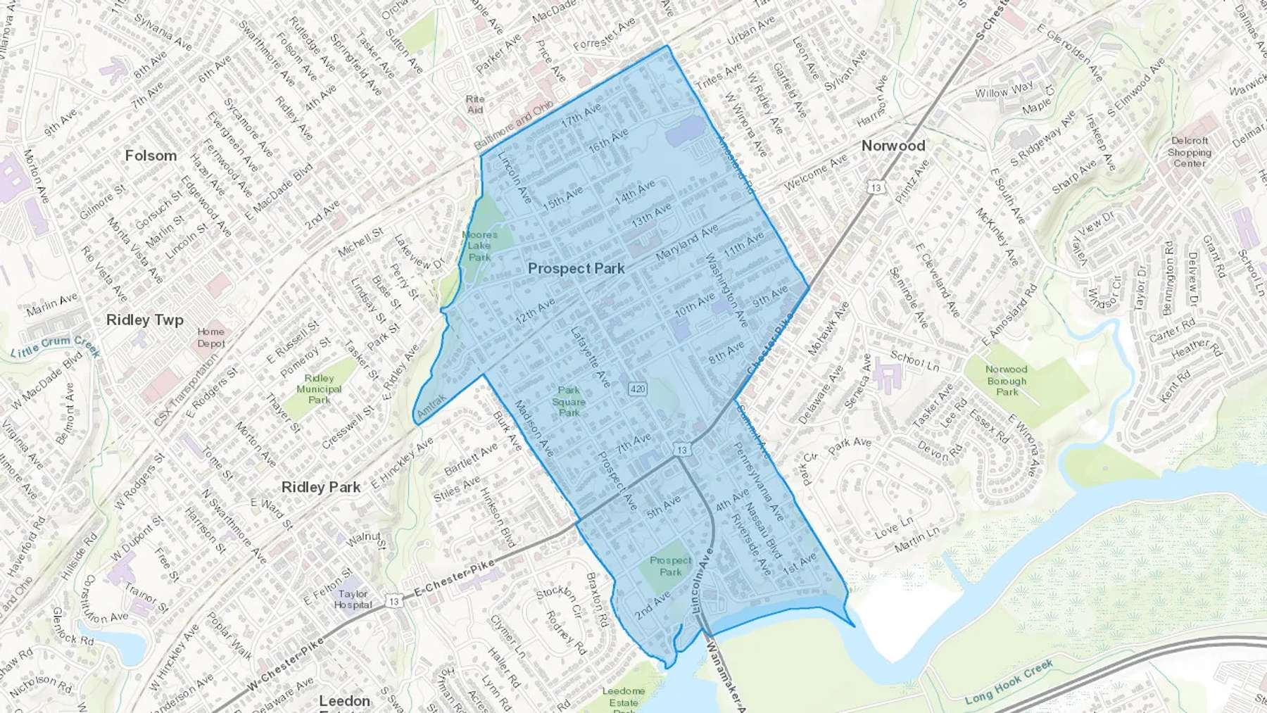 Prospect Park, PA Cash heating Oil delivery map Map of the COD Fuel Oil delivery service area for Prospect Park, PA