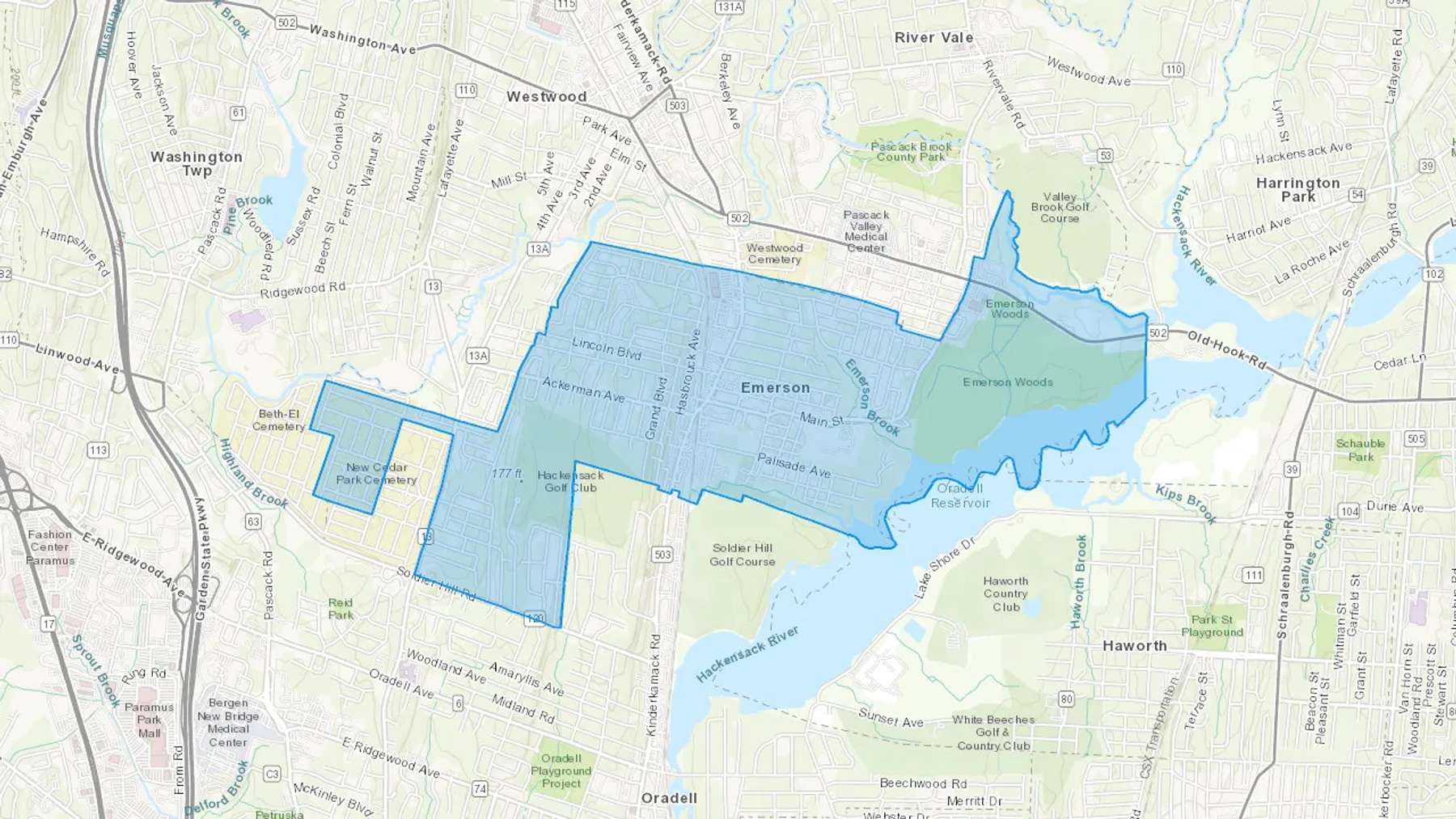 Emerson, NJ Cash heating Oil delivery map Map of the COD Fuel Oil delivery service area for Emerson, NJ