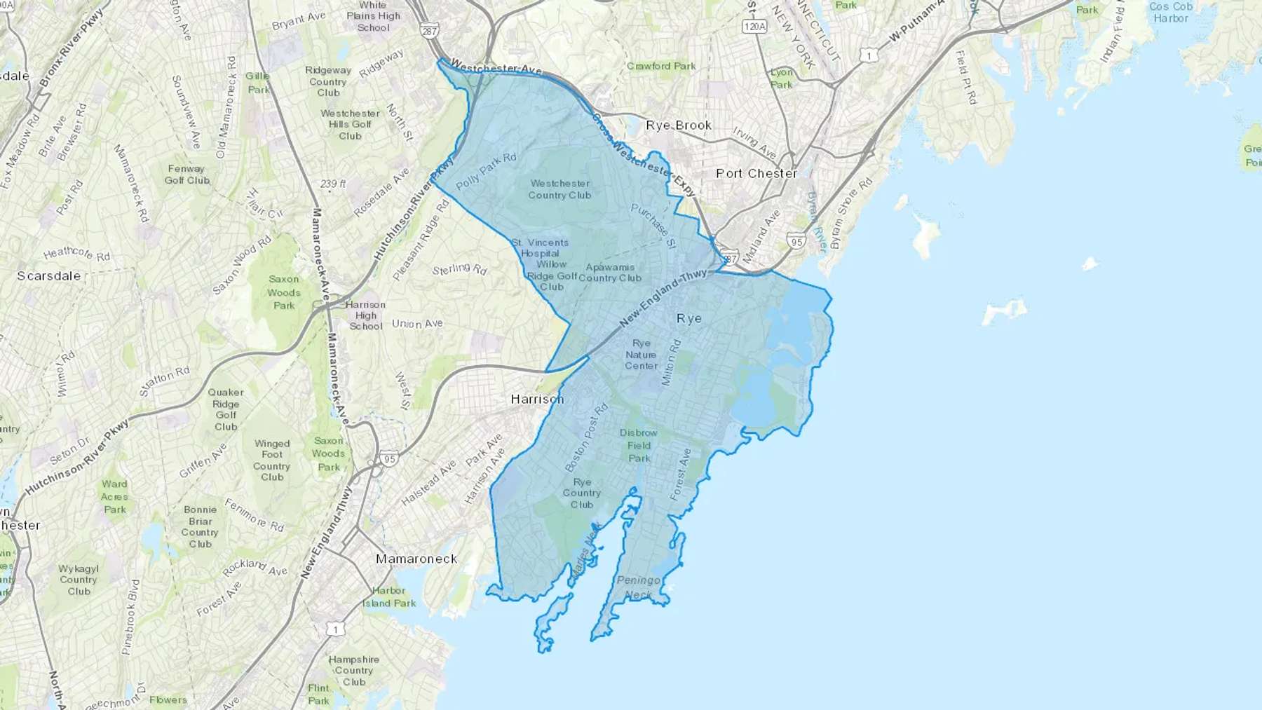 Rye, NY Cash heating Oil delivery map Map of the COD Fuel Oil delivery service area for Rye, NY