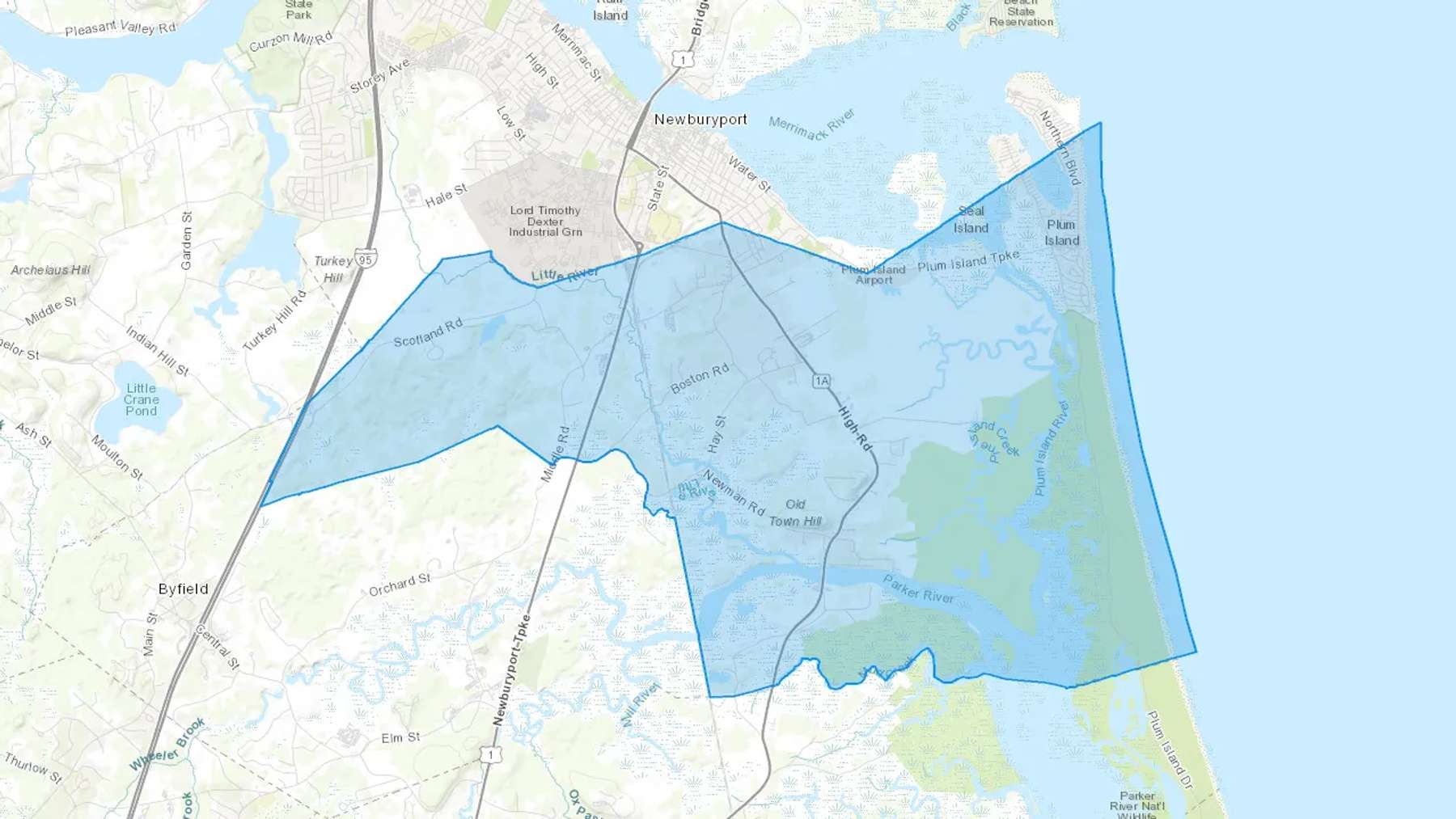 Newbury, MA Cash heating Oil delivery map Map of the COD Fuel Oil delivery service area for Newbury, MA