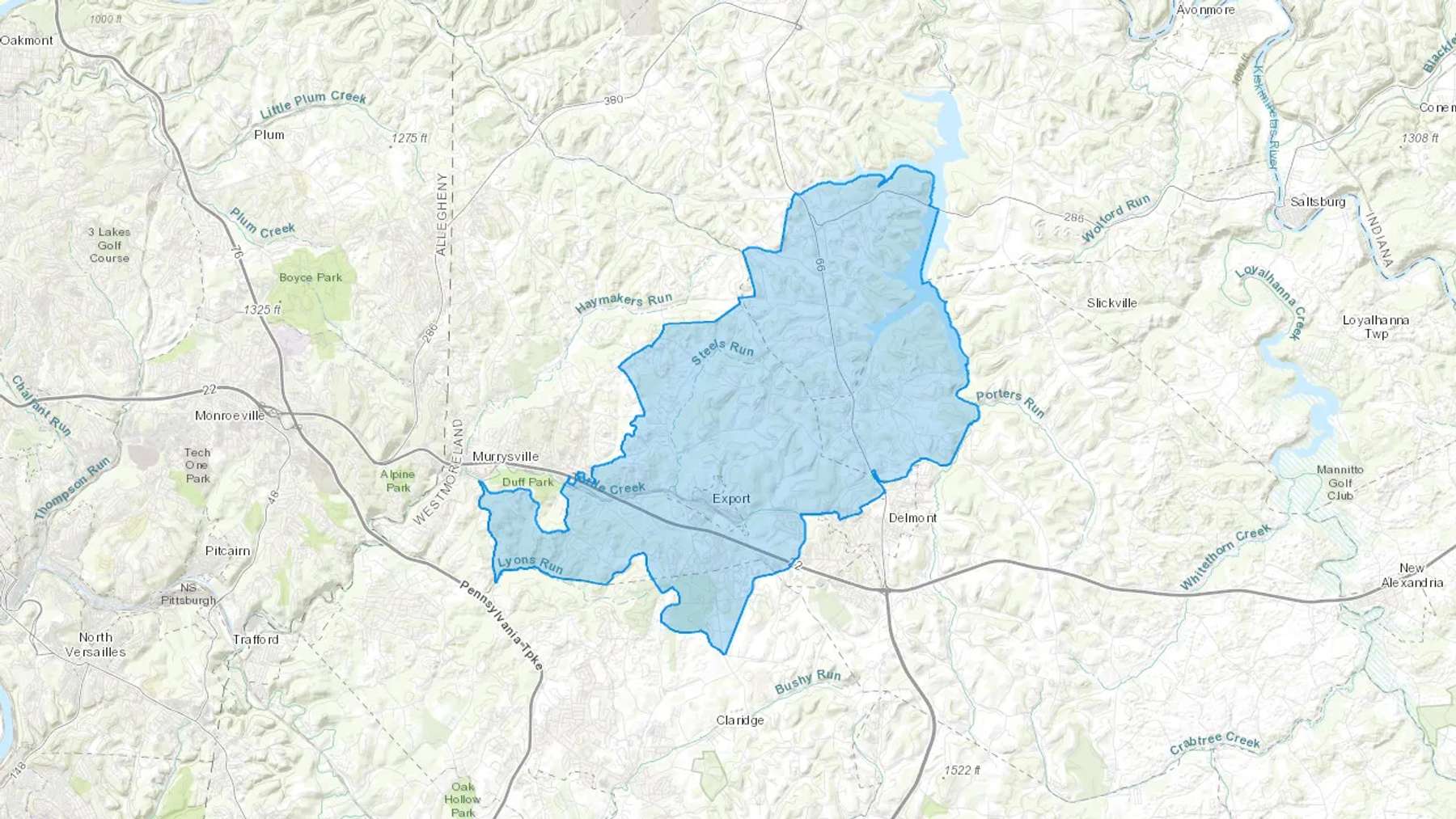 Export, PA Cash heating Oil delivery map Map of the COD Fuel Oil delivery service area for Export, PA