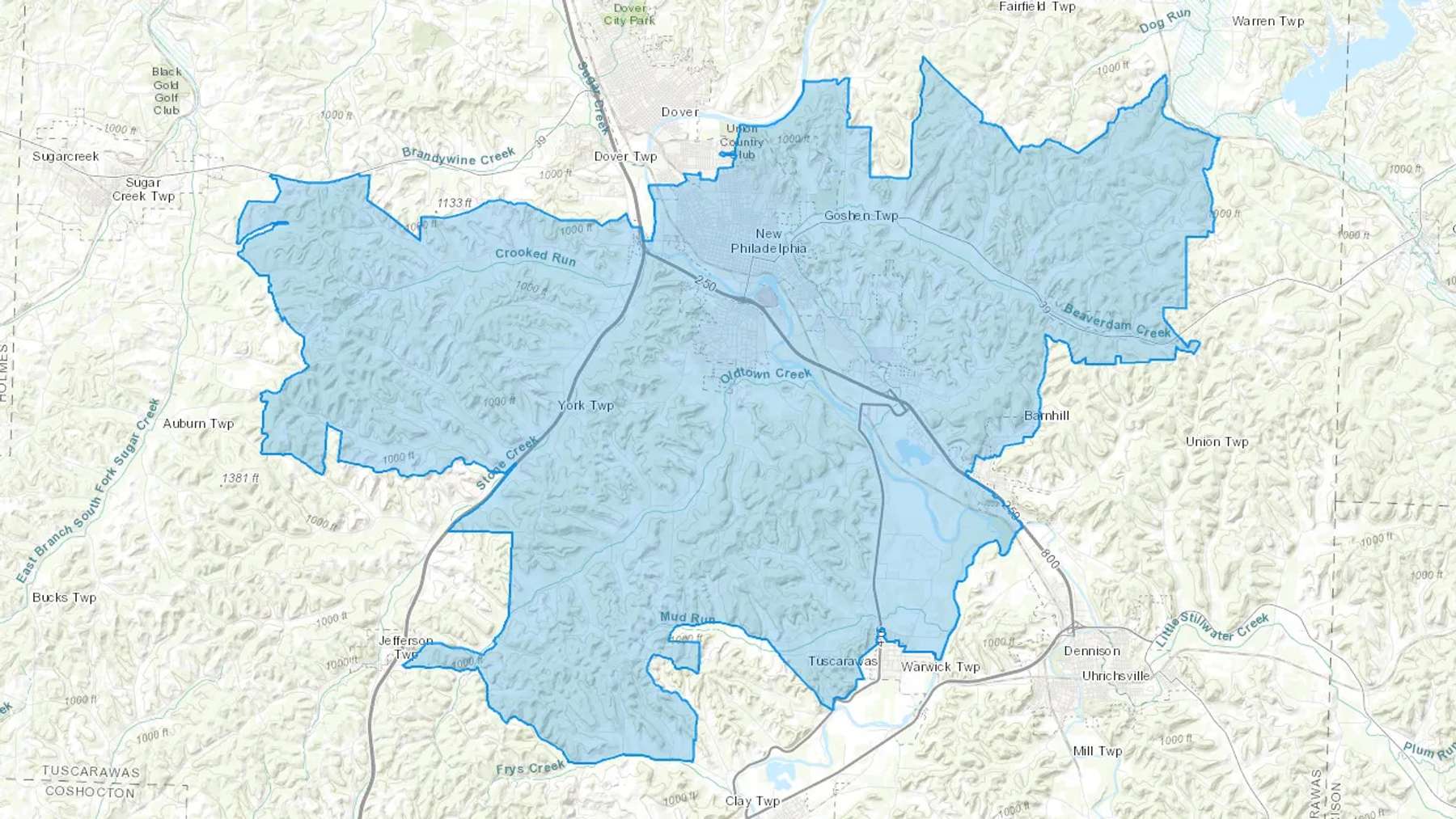New Philadelphia, OH Cash heating Oil delivery map Map of the COD Fuel Oil delivery service area for New Philadelphia, OH