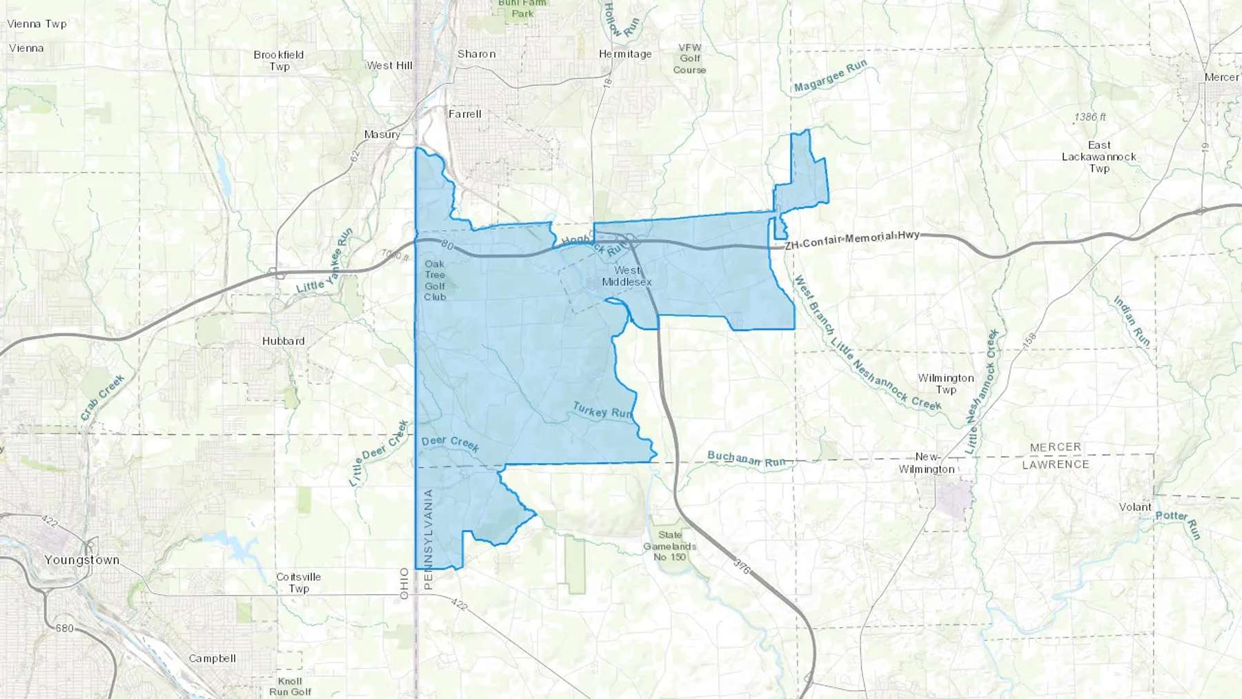 West Middlesex, PA Cash heating Oil delivery map Map of the COD Fuel Oil delivery service area for West Middlesex, PA