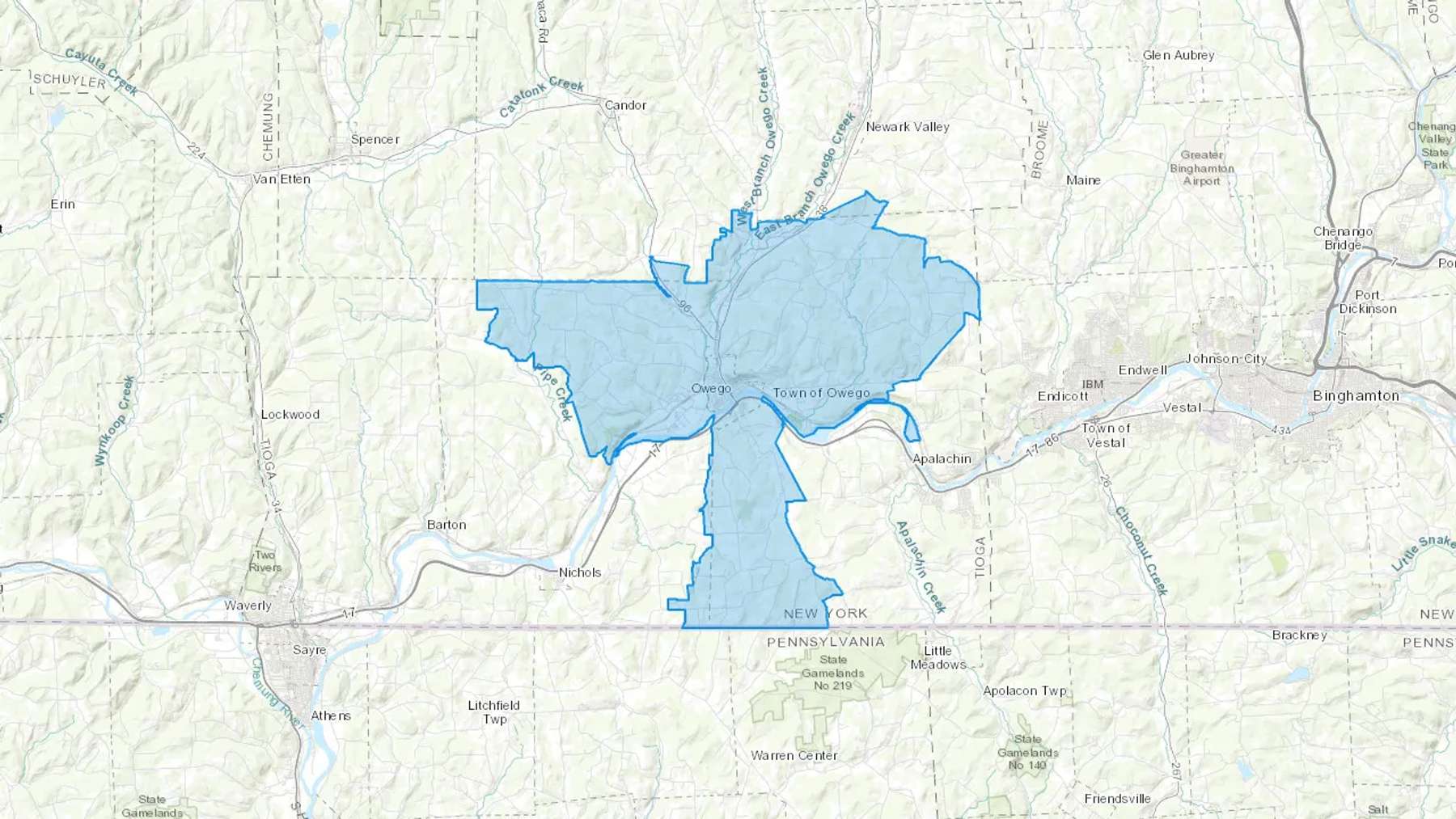 Owego, NY Cash heating Oil delivery map Map of the COD Fuel Oil delivery service area for Owego, NY