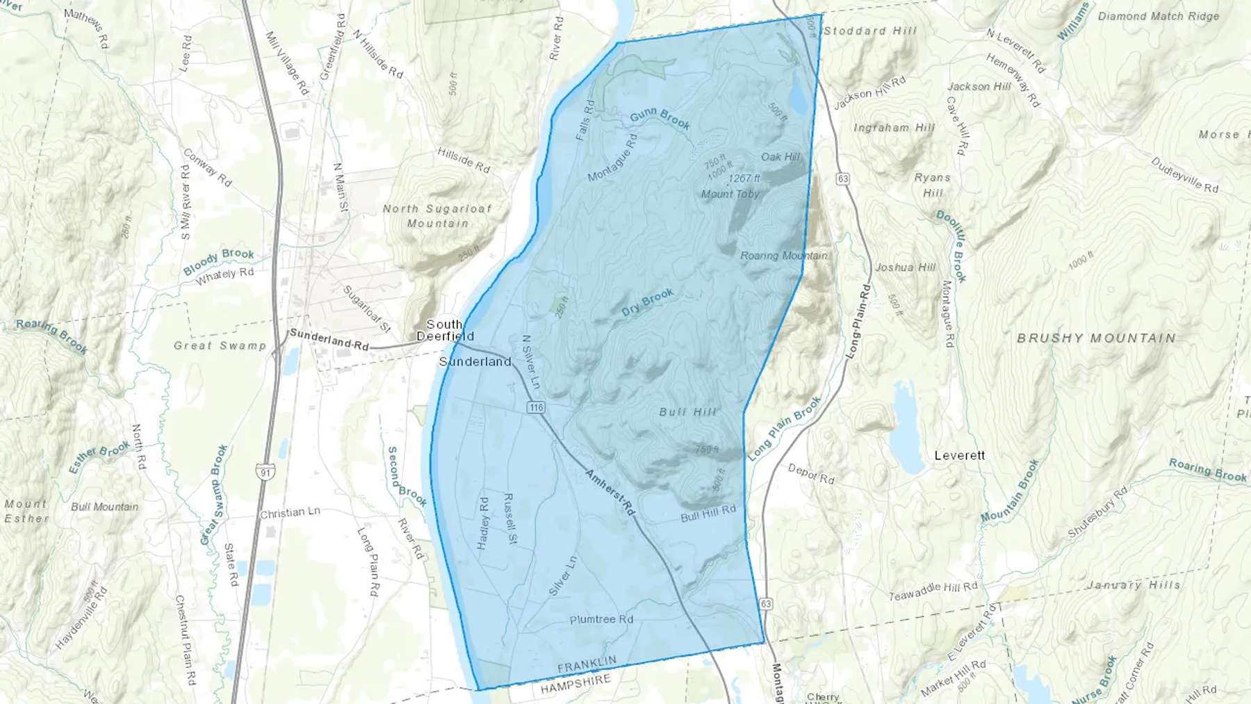 Sunderland, MA Cash heating Oil delivery map Map of the COD Fuel Oil delivery service area for Sunderland, MA