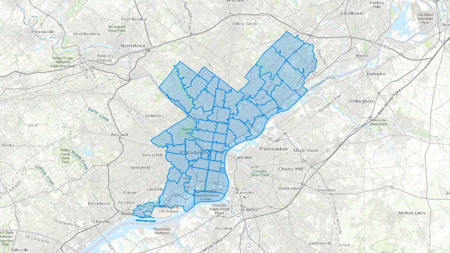 Philadelphia, PA Cash heating Oil delivery map Map of the COD Fuel Oil delivery service area for Philadelphia, PA