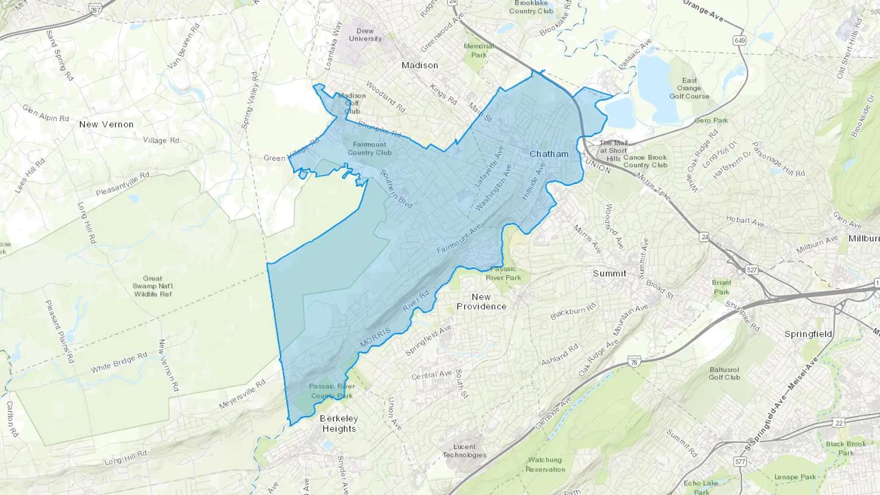Chatham, NJ Cash heating Oil delivery map Map of the COD Fuel Oil delivery service area for Chatham, NJ