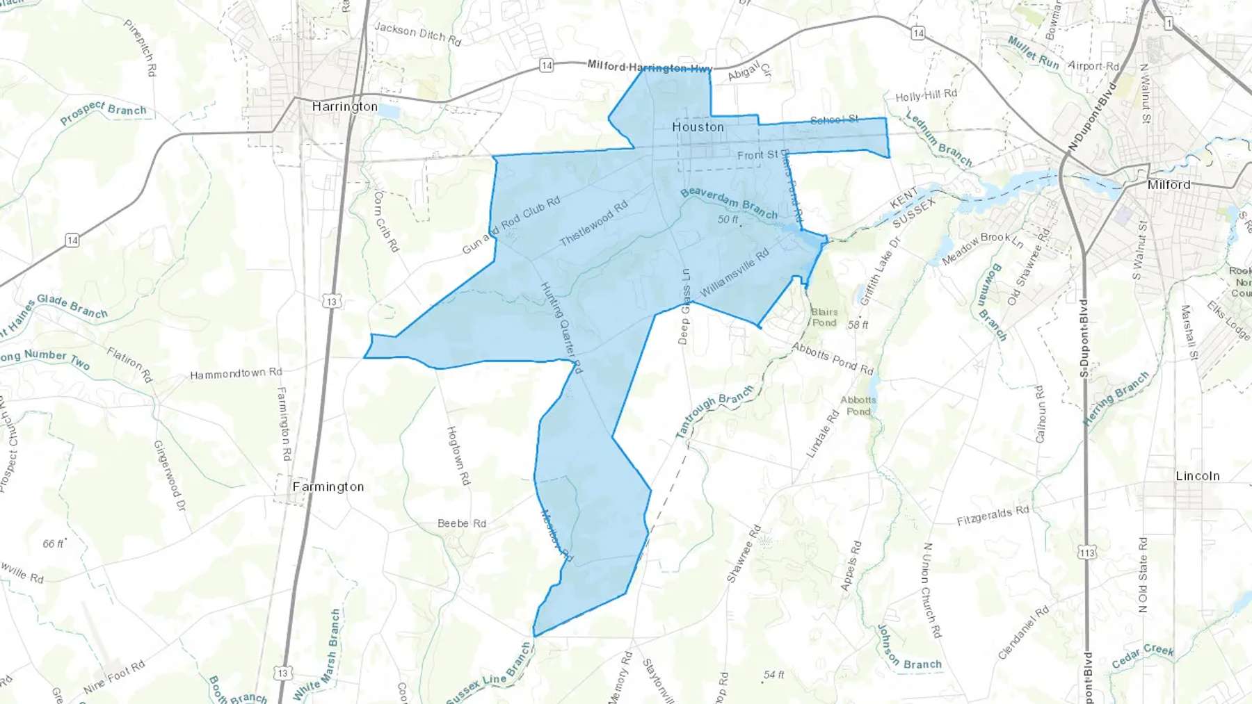 Houston, DE Cash heating Oil delivery map Map of the COD Fuel Oil delivery service area for Houston, DE