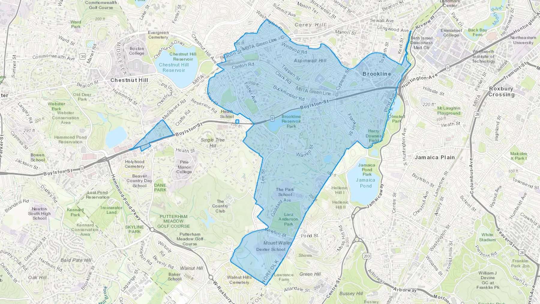 Brookline Village, MA Cash heating Oil delivery map Map of the COD Fuel Oil delivery service area for Brookline Village, MA
