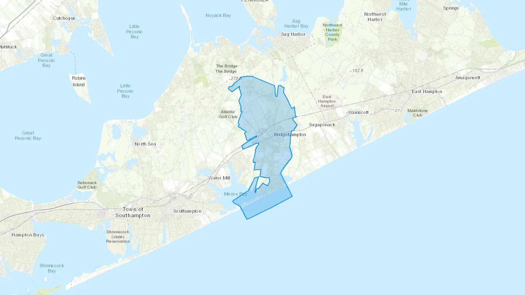 Bridgehampton, NY Cash heating Oil delivery map Map of the COD Fuel Oil delivery service area for Bridgehampton, NY