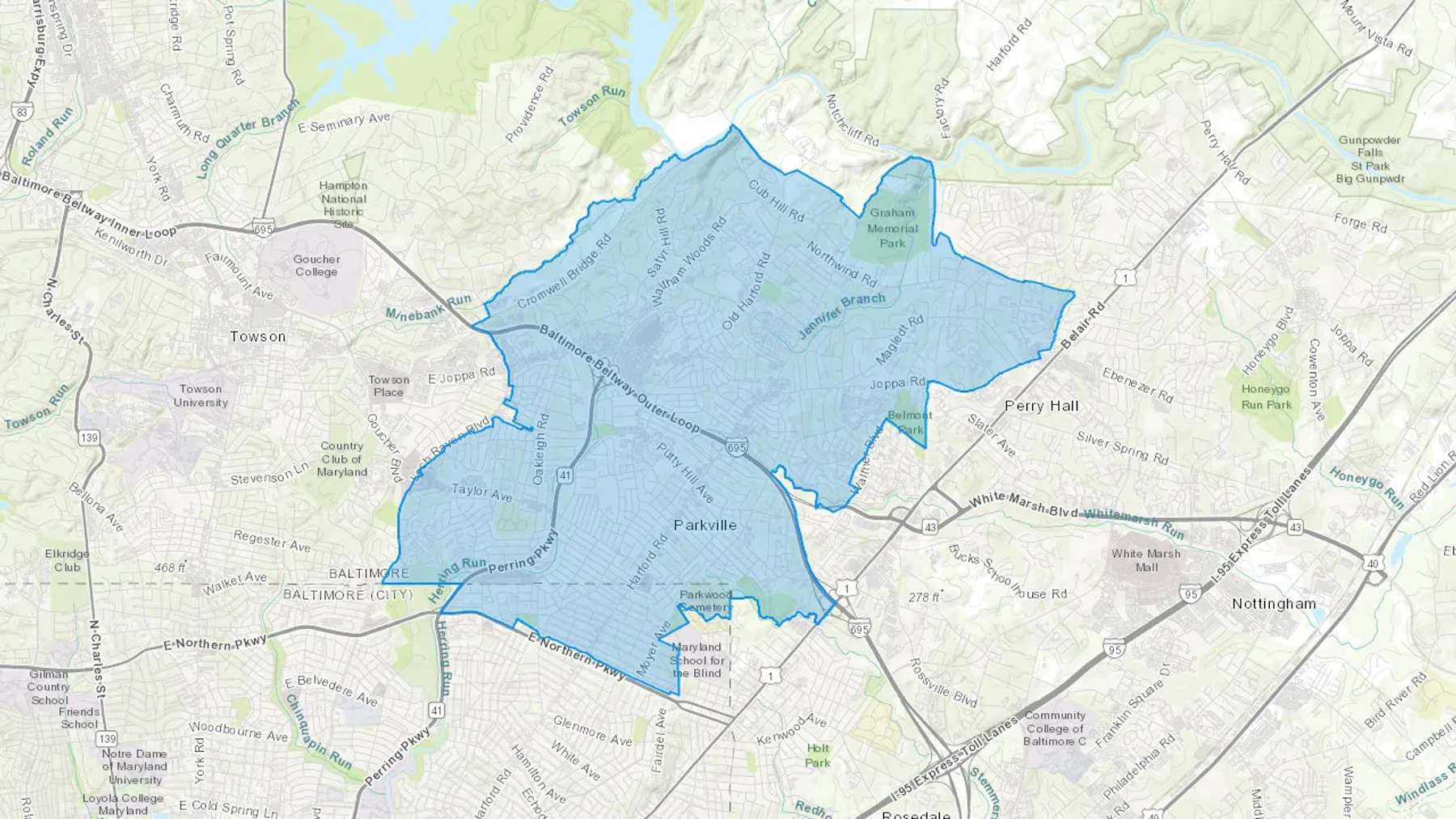 Parkville, MD Cash heating Oil delivery map Map of the COD Fuel Oil delivery service area for Parkville, MD