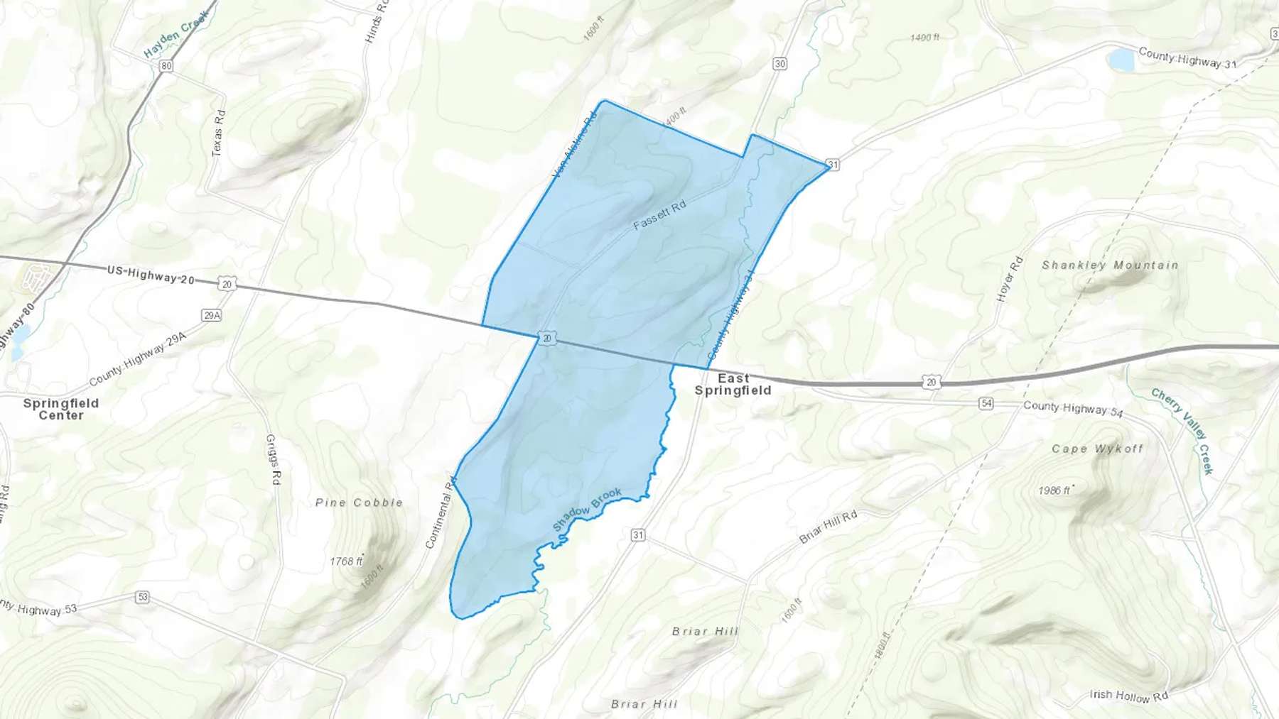 East Springfield, NY Cash heating Oil delivery map Map of the COD Fuel Oil delivery service area for East Springfield, NY