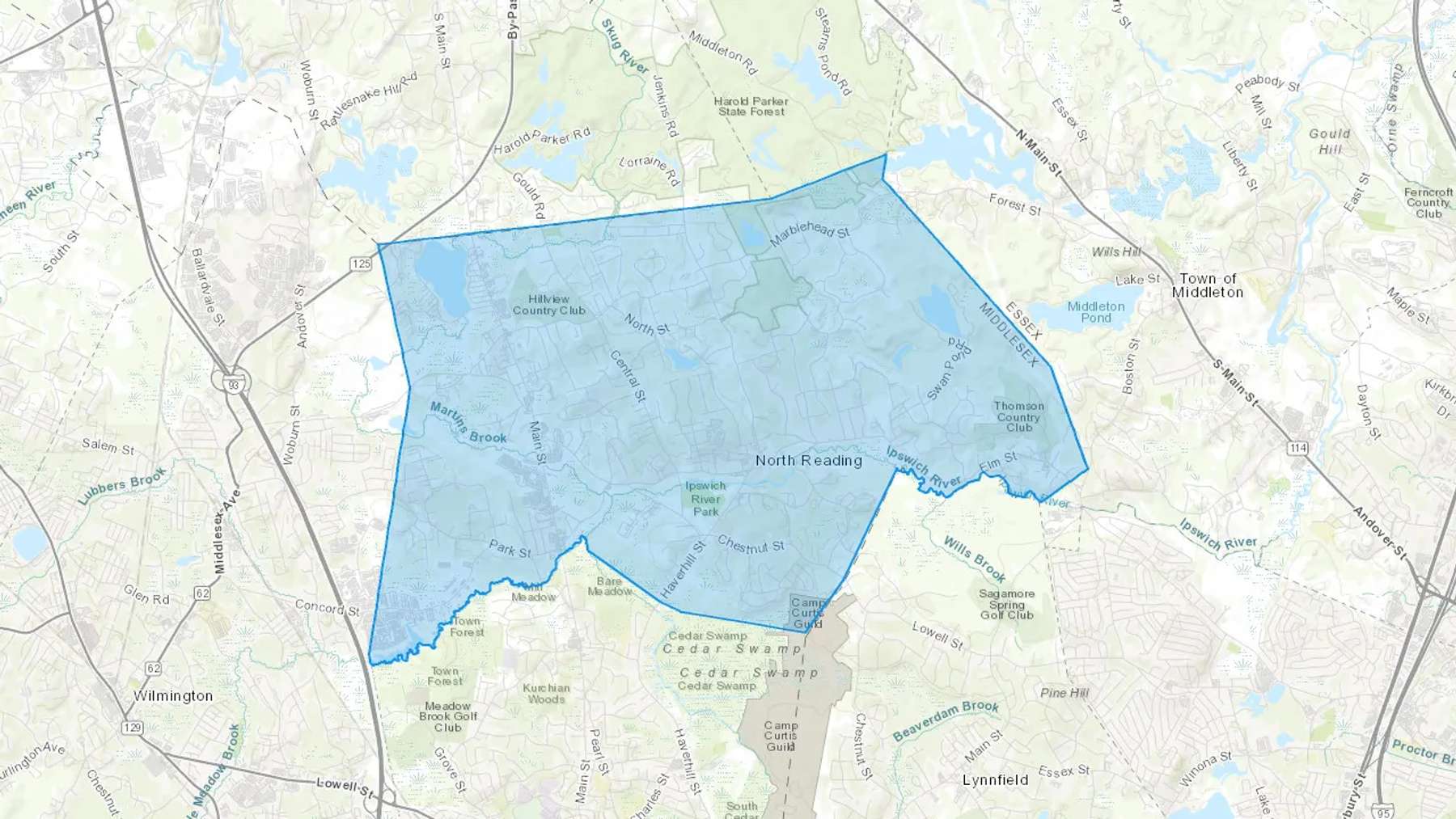 North Reading, MA Cash heating Oil delivery map Map of the COD Fuel Oil delivery service area for North Reading, MA