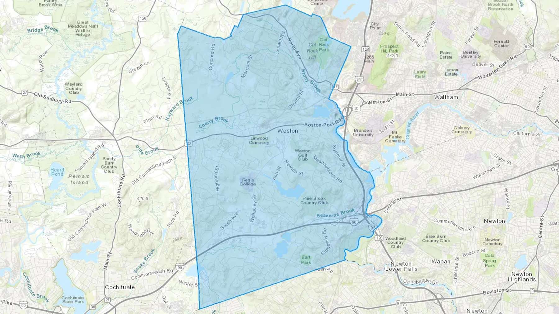 Weston, MA Cash heating Oil delivery map Map of the COD Fuel Oil delivery service area for Weston, MA