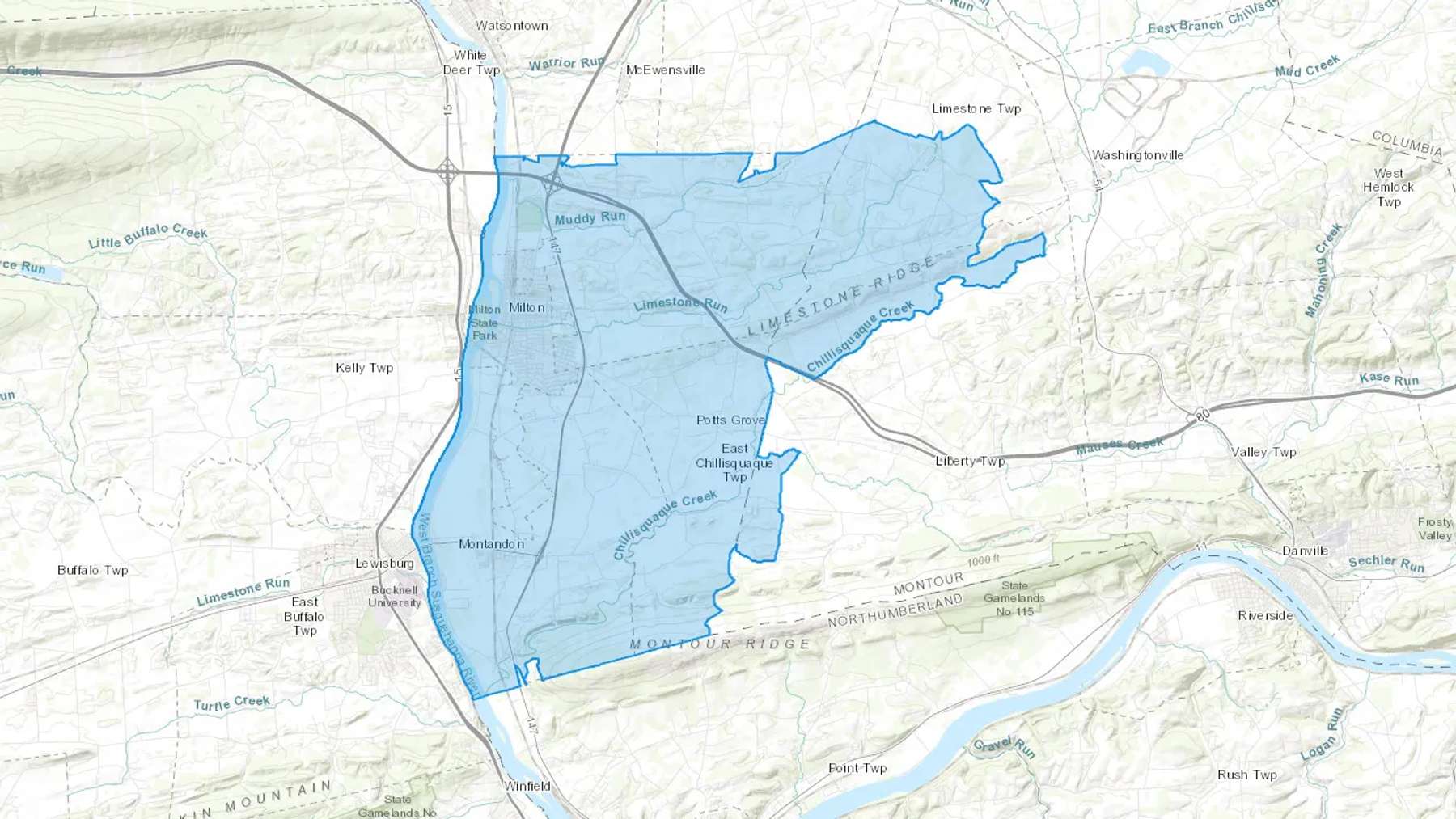 Milton, PA Cash heating Oil delivery map Map of the COD Fuel Oil delivery service area for Milton, PA